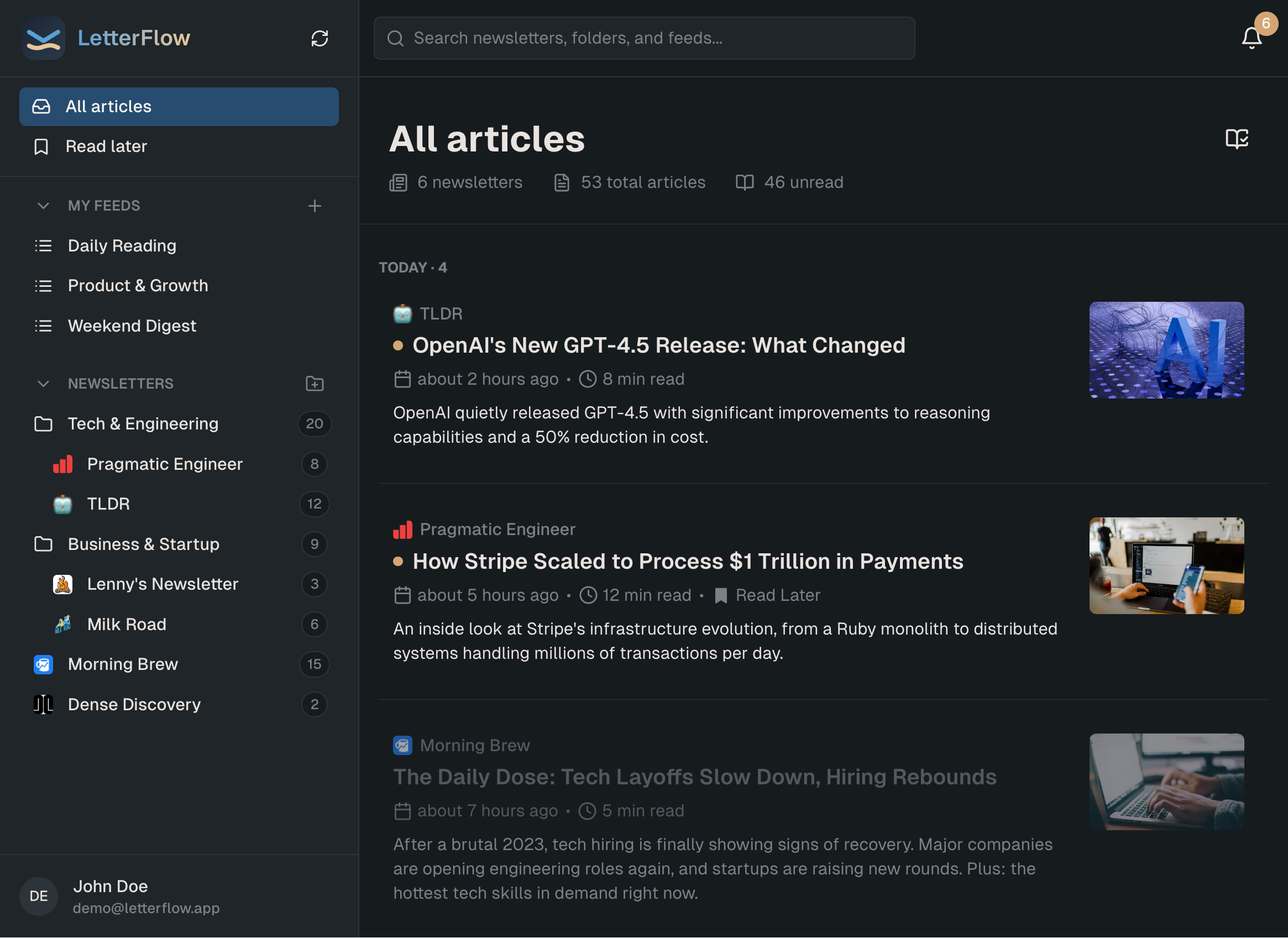 LetterFlow app - dark mode